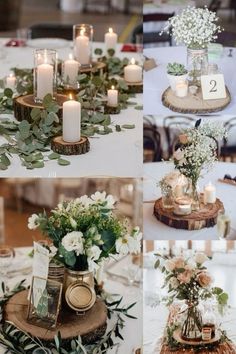 several pictures of different tables with candles and flowers on them, including one for centerpieces