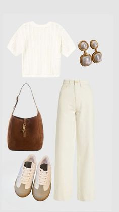 a pair of white pants, sweater and brown purse