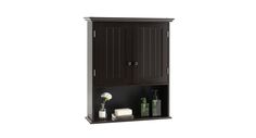 a bathroom cabinet with two doors and shelves