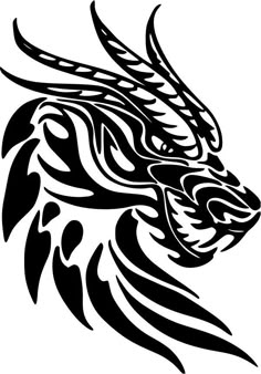 a black and white drawing of a dragon's head with sharp lines on it