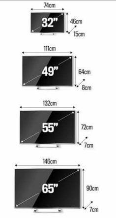 three different sizes of televisions with measurements for each screen and the numbers on them