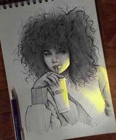 a drawing of a woman with curly hair holding a coffee cup in her right hand