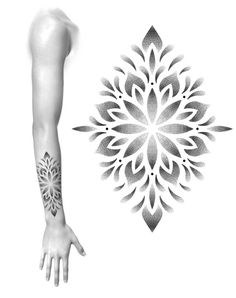 the arm and hand are shown with tattoos on each arm, while an intricate flower design is