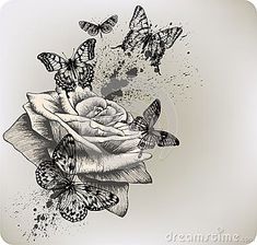 a rose with butterflies flying around it