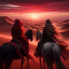 two women riding horses in the desert at sunset or sunrise with red sky and clouds