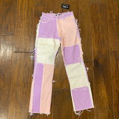 Size Says 24” But Is Actually 25” Pastel Pink, Lilac, And Cream Frayed Seams Detail Boyfriend Fit Model Is 5 Ft 7 And Wears A Size W25 Never Been Worn Measurements: Waist- 25” Inseam- 29” Rise- 9” Jaded Ldn, Jaded London Jeans, Jaded London, Mens Vests, Pink Lilac, Pink Jeans, Denim Patchwork, Boyfriend Fit, Colored Jeans