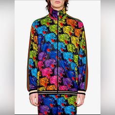 Rainbow Panther Face Print Technical Jersey. Black And Ivory Rib Trims. Green And Red Web Down The Sleeves. Zip Pockets. Front Zip Closure. Oversized Fit. 55% Polyester And 45% Cotton. Made In Italy. With An Overtly 80s Feel, The Repetitive Panther Face Is Displayed In Bright Rainbow Colors Against A Black Background. First Developed By Gucci In The 1950s, The Web Stripe Continues To Pay Homage To The House's Roots And Equestrian Influences And Extends Down The Sleeves. This Phenomenal Gucci Tra Gucci Multicolor Outerwear For Fall, Gucci Multicolor Fall Outerwear, Gucci Leather Jacket, Panther Face, Artistic Clothing, Gucci Jacket, Red Web, Jersey Jacket, Face Print