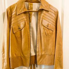 Zipper Detail Boho Motorcycle Style Solid Yellow And Tan 100% Italy Leather And Italy Made Size 46/M (Us 4,6,8) Excellent Preowned Condition Original Purchase Price Over $600 Motorcycle Style, Zipper Detail, Leather Jackets, Solid Yellow, Jackets & Coats, Jackets For Women, Leather Jacket, Italy, Zipper