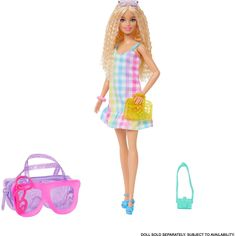 a barbie doll with sunglasses and purse next to a handbag on a white background