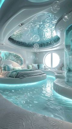 a futuristic bedroom with an underwater bed and round windows in the ceiling is lit by blue lights