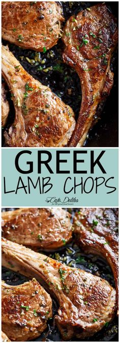 greek lamb chops in a pan with herbs on top and the words, greek lamb chops