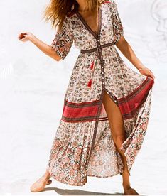 This Bohemian-inspired button up maxi dress is casual but cute. Featuring a button-up front with a drawstring waist and tassel trim. This dress pairs perfectly with wedges or sandals for a casual chic look. Made with a cotton blend and comes in two fabulous color patterns from which to choose. Bohemia Dress, Button Up Maxi Dress, Hippie Chick, Older Women Fashion, Boho Dresses, Printed Long Dresses, Button Up Dress, Boho Summer, Floral Maxi