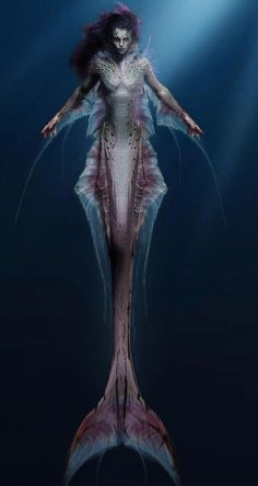 a digital painting of a woman with long hair and fish tail, floating in the water