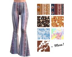 ** PRE-ORDER ** The following variations are backordered and will ship after Jun. 1, 2024: Pink Floral XS, X, L, XL, XXL Black Floral L, XL Rust Paisley S, M, L, XXL Indigo Paisley XS, M Mocha XS, S Red/Yellow Paisley XS, XXL Bell bottom pants featuring our exclusive boho prints. High waisted with a dramatic flare, they are gorgeously flattering and slimming on many body types. Lightweight, stretch knit material make them super comfortable and versatile. They can be worn with many different tops and shoes for a variety of dressed-up or dressed-down looks.  Garment Measurements:      XS Waist 24" Rise 10" Inseam 31"      S Waist 26"  Rise 10" Inseam 31"      M Waist 28" Rise 10.5" Inseam 32"      L Waist 30" Rise 10.5" Inseam 32"      XL Waist 32" Rise 11" Inseam 33"      XXL Waist 34" Rise Stile Hippie Chic, Kids Bell Bottoms, Style Hippie Chic, Loungewear Pants, Hippie Chic Fashion, Moda Hippie, Boho Prints, Indigo Floral, Stretch Yoga