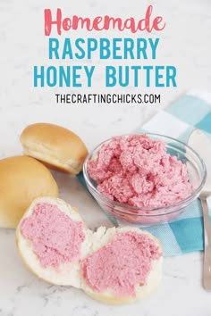 homemade raspberry honey butter in a bowl next to rolls