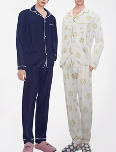 two men in pajamas standing next to each other