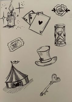 a drawing of various items that are on a piece of paper, including an umbrella and a key