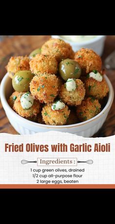 fried olives with garlic aioli in a bowl