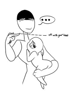 a drawing of a man holding a baby in his arms with an empty speech bubble above him