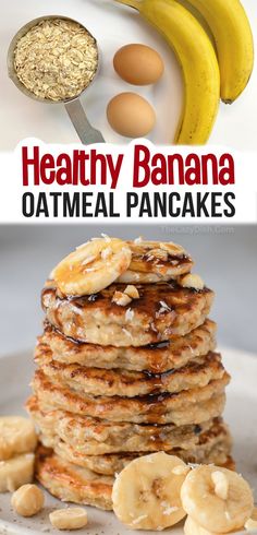 healthy banana oatmeal pancakes on a plate with bananas