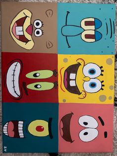 four different cartoon characters painted on canvases