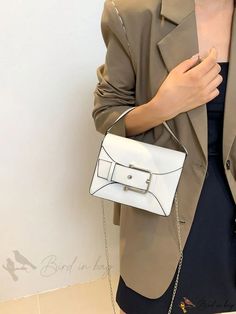 Bird in Bag - Womens Handbag with Fashionable Buckle Decoration, Square Shape, Solid Color Construction Trendy White Satchel, Trendy White Satchel For Office, White Rectangular Bag As Fashion Accessory, Trendy White Tote Flap Bag, Rectangular Spring Bags, White Top Handle Bag With Hasp Closure, White Rectangular Satchel For Party, Elegant White Satchel With Hasp Closure, White Spring Box Bag With Adjustable Strap