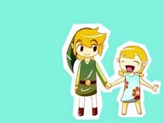 two cartoon characters holding hands with each other on a green and blue background, the girl is