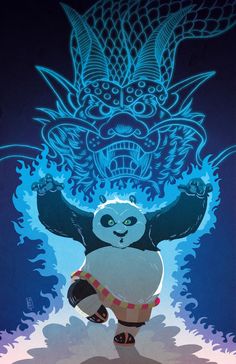 a panda bear standing in front of a blue and black background with an intricate design on it's chest