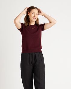 The classic cashmere Tee Shirt spun from 100% Grade A Mongolian cashmere. Super soft and lightweight, this short sleeve cashmere sweater is a wardrobe staple for layering all year round. Tees are meant for everyday wear. Now yours can be cashmere.  | Quince | Women's Mongolian Cashmere T-Shirt in Burgundy, Size Medium