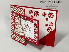 a red and white christmas card with candy canes on the front, and a merry tree on the back