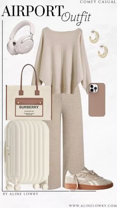 Airport Outfit Idea: neutral comfortable and beautiful outfit for traveling and lounging. Casual Airport Outfit, Airport Outfit, Comfy Casual, What To Wear, Burberry, How To Wear