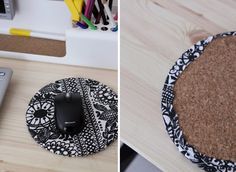 two photos side by side, one with a mouse pad and the other with a cork coaster