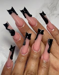 Simple But Different Nails, Nails Acrylic Square Long Black, Blush Pink And Black Nails, Nail Inspo With Black, Black Birthday Acrylic Nails, Stiletto Pinky And Square Nails, Almond Black Nails Ideas, Black French Tip Junk Nails, Short Black Nail Designs Gel