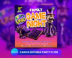 the game night flyer is displayed on a purple background