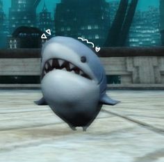 an animated shark with its mouth open and it's teeth wide open, in front of a cityscape