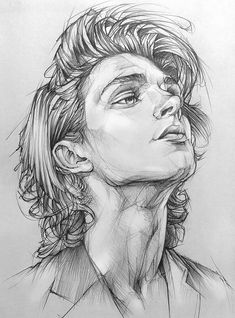 a pencil drawing of a person with his head turned to the side, looking up