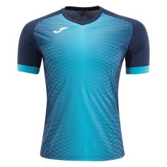 the blue and black soccer jersey is shown