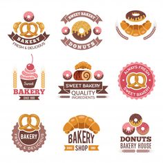 bakery logos and emblems with different types of baked goods stock photo, images and royalty