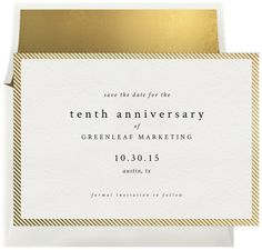 a white and gold wedding card with the words, save the date for the tenth anniversary