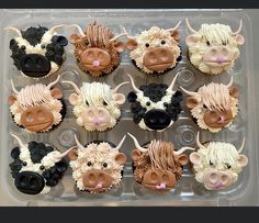 twelve cupcakes in the shape of farm animals