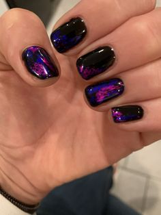 Short Nail Designs Black And Purple, Black And Purple Nail Ideas Short, Dark Purple Blue Nails, Short Dark Purple Nail Ideas, Dark Purple Manicure, Black Biab Nails, Purple Foil Nails, Black Foil Nails, Dark Purple Glitter Nails