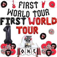 the first world tour poster with balloons and decorations