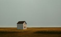 a painting of a small house in the middle of a field with grass and blue sky