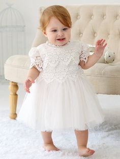 Baby Girls' Elegant Lace Floral Sleeve Princess Dress Suitable For Evening Party, Wedding, Birthday Celebration White   Short Sleeve Fabric Plain Fit and Flare Non-Stretch  Baby Girls Clothing, size features are:Bust: ,Length: ,Sleeve Length: Girl Baptism Dress, Baby Christening Dress, Girls Baptism Dress, White Baby Dress, Baptism Dress Baby Girl, Mesh Party Dress, Girl Baptism