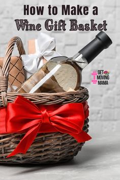 a basket filled with wine bottles and other items