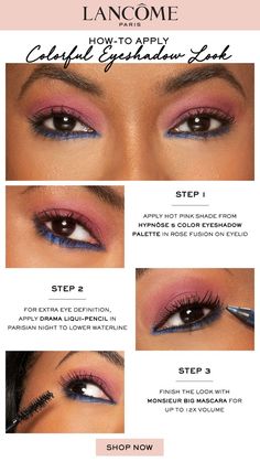 Colorful eye makeup step-by-step using Lancôme Hypnôse 5-Color Eyeshadow Palette in 'Rose Fusion' and Drama Liqui-Pencil Waterproof Eyeliner in 'Parisian Night' Dramatic Eyeshadow Looks, Makeup Look For Black Women, Trending Makeup Looks, Dramatic Eyeshadow, Makeup Tips Eyeshadow, Trending Makeup, Parisian Night, Makeup For Black Skin, Natural Glowy Makeup