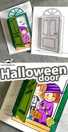 two children's halloween coloring pages with an open door