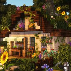 a house with lots of plants and flowers on the roof is shown in this image