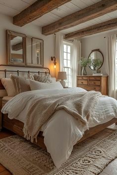 Escape to a world of rustic charm and serene beauty with our collection of 27 dreamy farmhouse bedrooms.  These designs showcase the perfect blend of cozy textures, natural elements, and calming palettes, creating havens that invite relaxation and peaceful slumber. From exposed beams to vintage accents, each room embodies the timeless elegance of farmhouse style, transforming your bedroom into a sanctuary of tranquility and rustic refinement. Suite Bedroom Ideas, Modern Farm Bedroom, Main Bedroom Ideas Master Suite, Main Bedroom Ideas, Cottagecore Bedroom Decor, Vintage Farmhouse Bedroom, Master Suite Bedroom, Suite Bedroom, Farmhouse Bedrooms