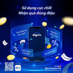 an advertisement for a mobile phone with gold coins around it and the words digimi on